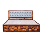 MoonWooden Solid Sheesham Wood King Size Double Bed | Cot Bed with Box Storage & Grey Upholstered Cushioned Headboard for Bedroom | Honey Finish